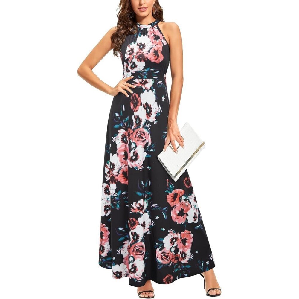 🆕Women  Orange Polyester Floral Halter Neck Maxi Dress Wedding Beach Party 2025